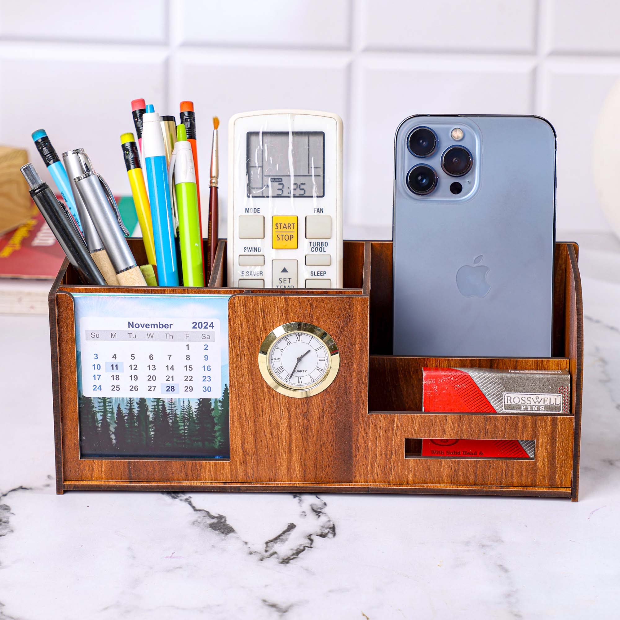 Niya Krafts 3 Compartments Wooden Pen Stand With Visiting  Card & Mobile Holder For Office Table Organizer Wooden Pen / Pencil Stand  With Visiting Card & Mobile Holder For Desk