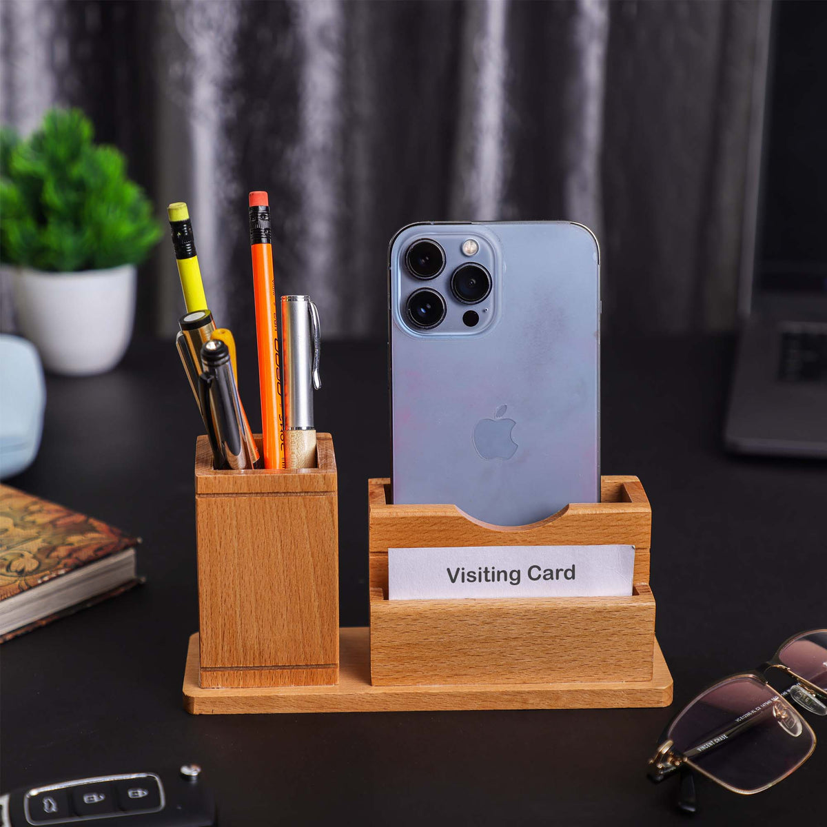 DuoDock Wooden Desk Pen Stand
