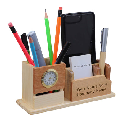 Custom Wooden Pen Holder with Mobile & Card Stand | Personalized Desk Organizer with Name Engraving