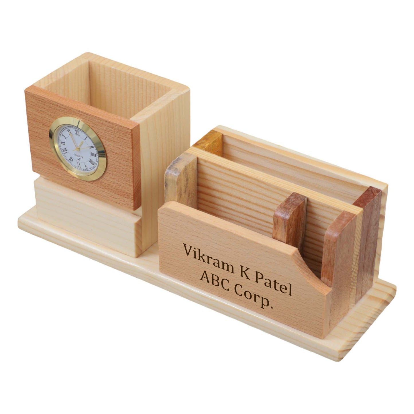 Custom Wooden Pen Holder with Mobile & Card Stand | Personalized Desk Organizer with Name Engraving