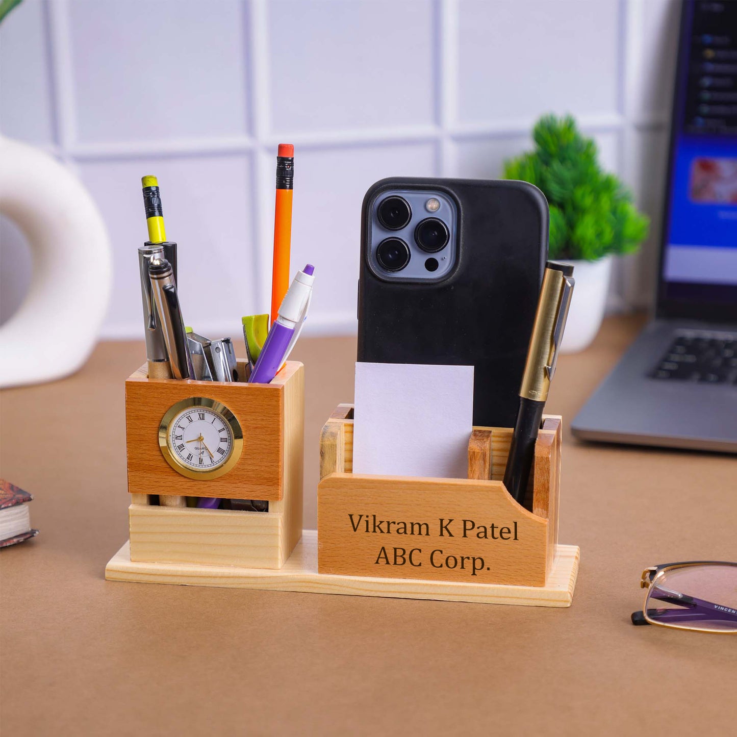 Custom Wooden Pen Holder with Mobile & Card Stand | Personalized Desk Organizer with Name Engraving