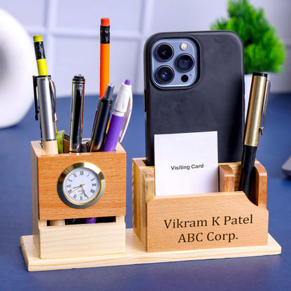 Custom Wooden Pen Holder with Mobile & Card Stand | Personalized Desk Organizer with Name Engraving