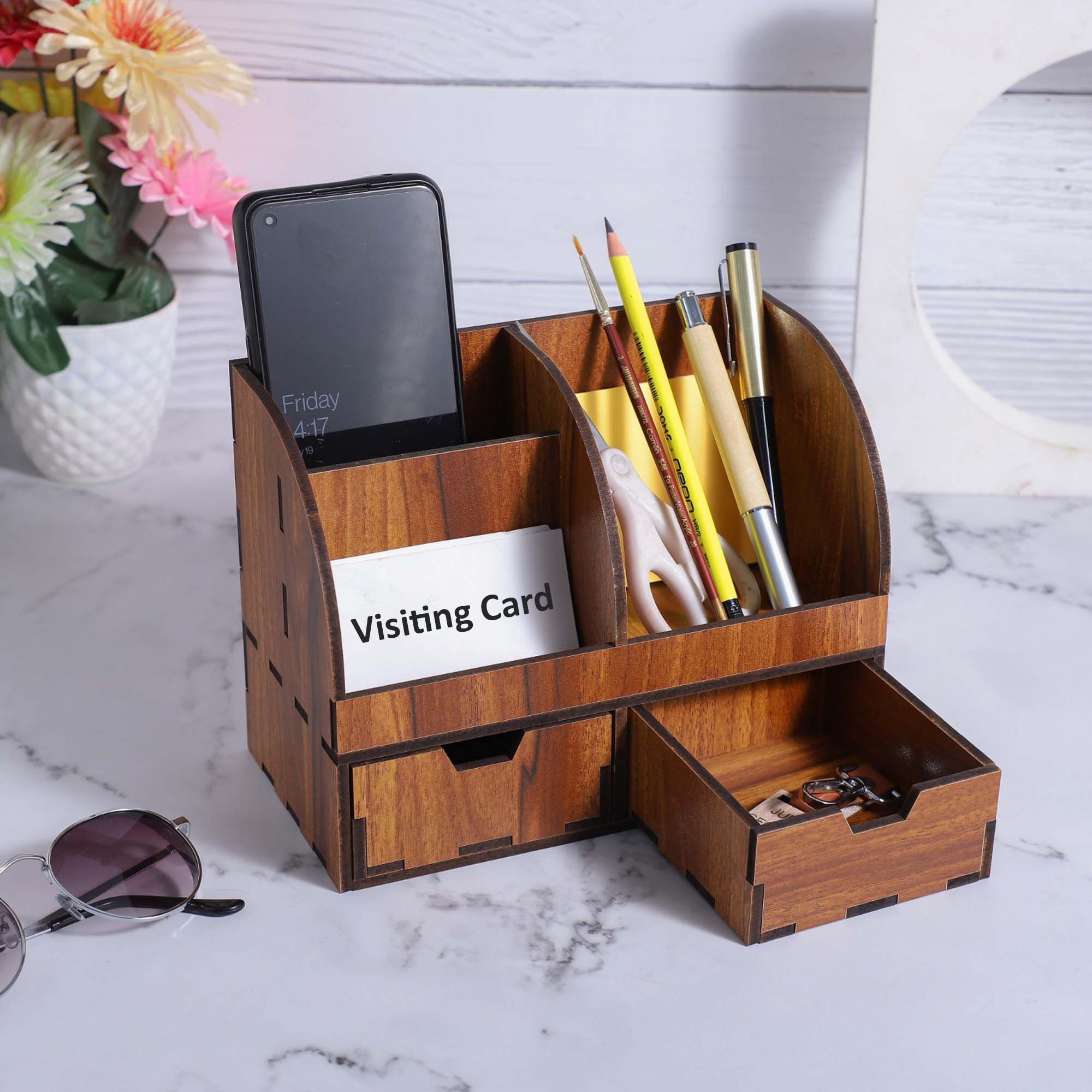 Desk Stationary Organizer with Sticky Notes, Mobile, Visiting Card Holder and Drawers for Office Desk and Study Table