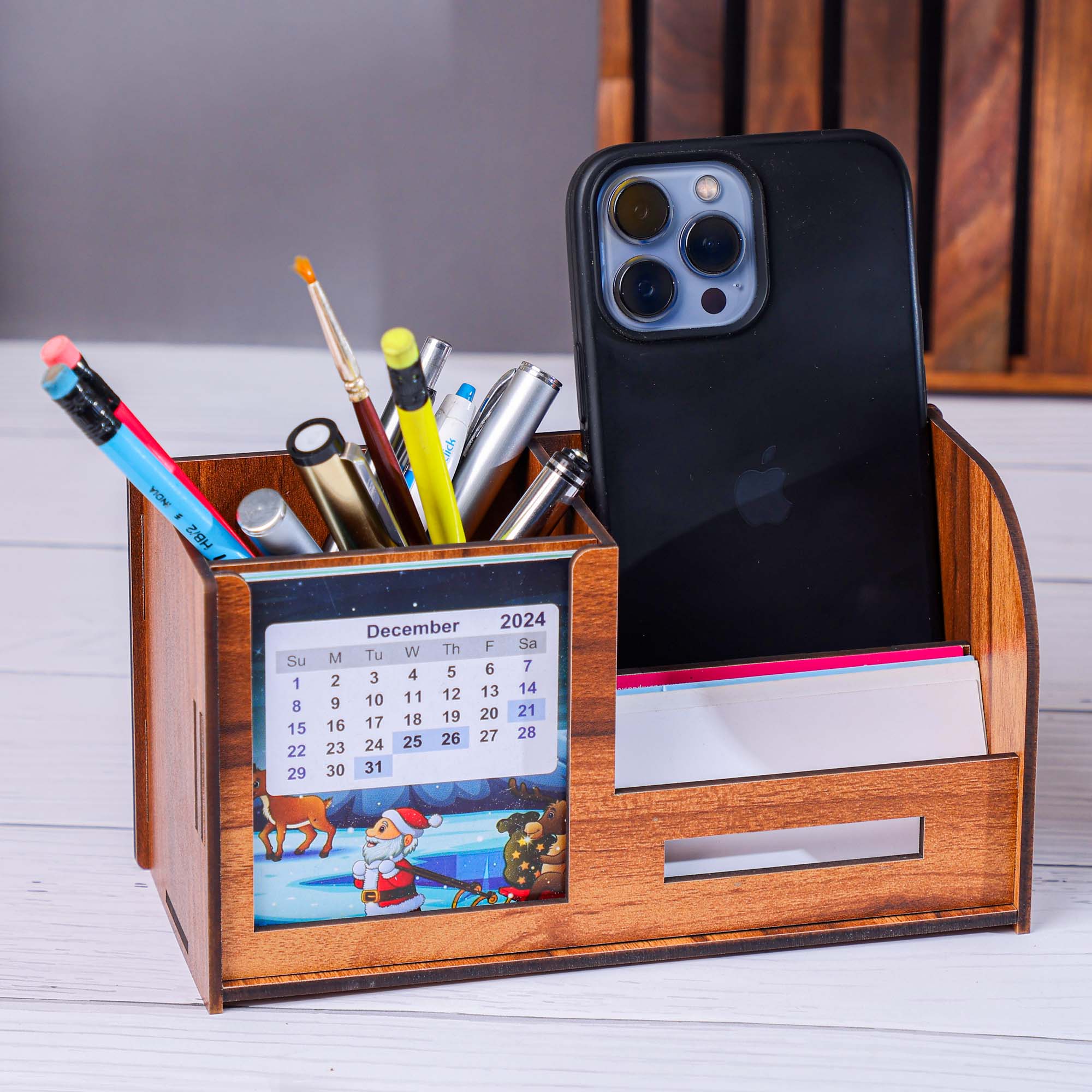 Pen Stand With Two Years Calendar 2024-25, Stationary, Mobile and Visiting Card Holder for Office Desk and Study Table