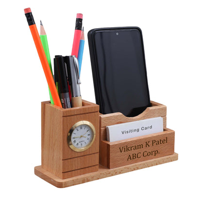 Personalized Wooden Desk Organizer with Pen Holder, Mobile Stand, and Name Engraving