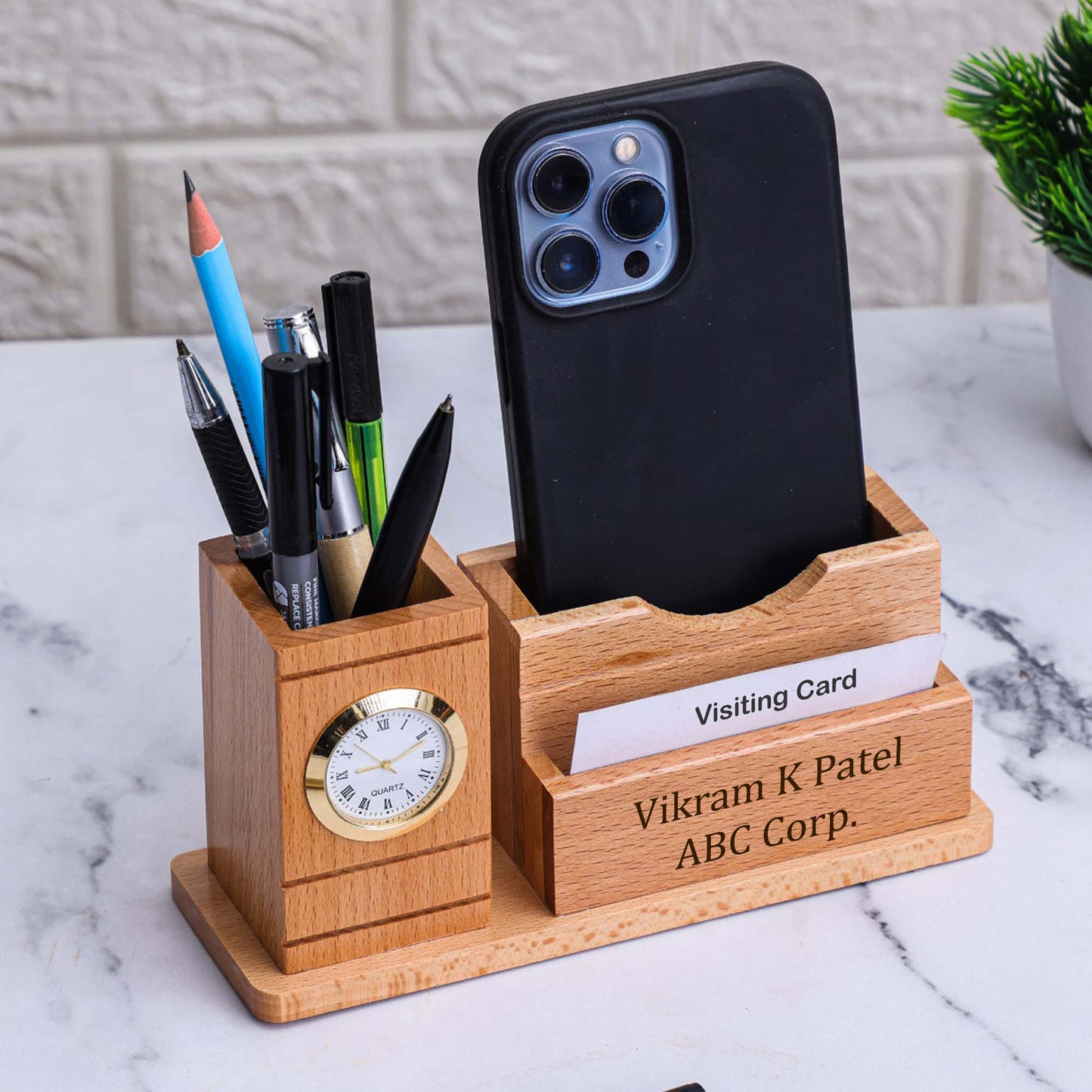 Personalized Wooden Desk Organizer with Pen Holder, Mobile Stand, and Name Engraving