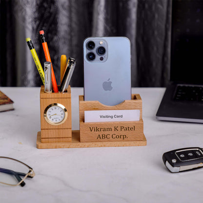 Personalized Wooden Desk Organizer with Pen Holder, Mobile Stand, and Name Engraving