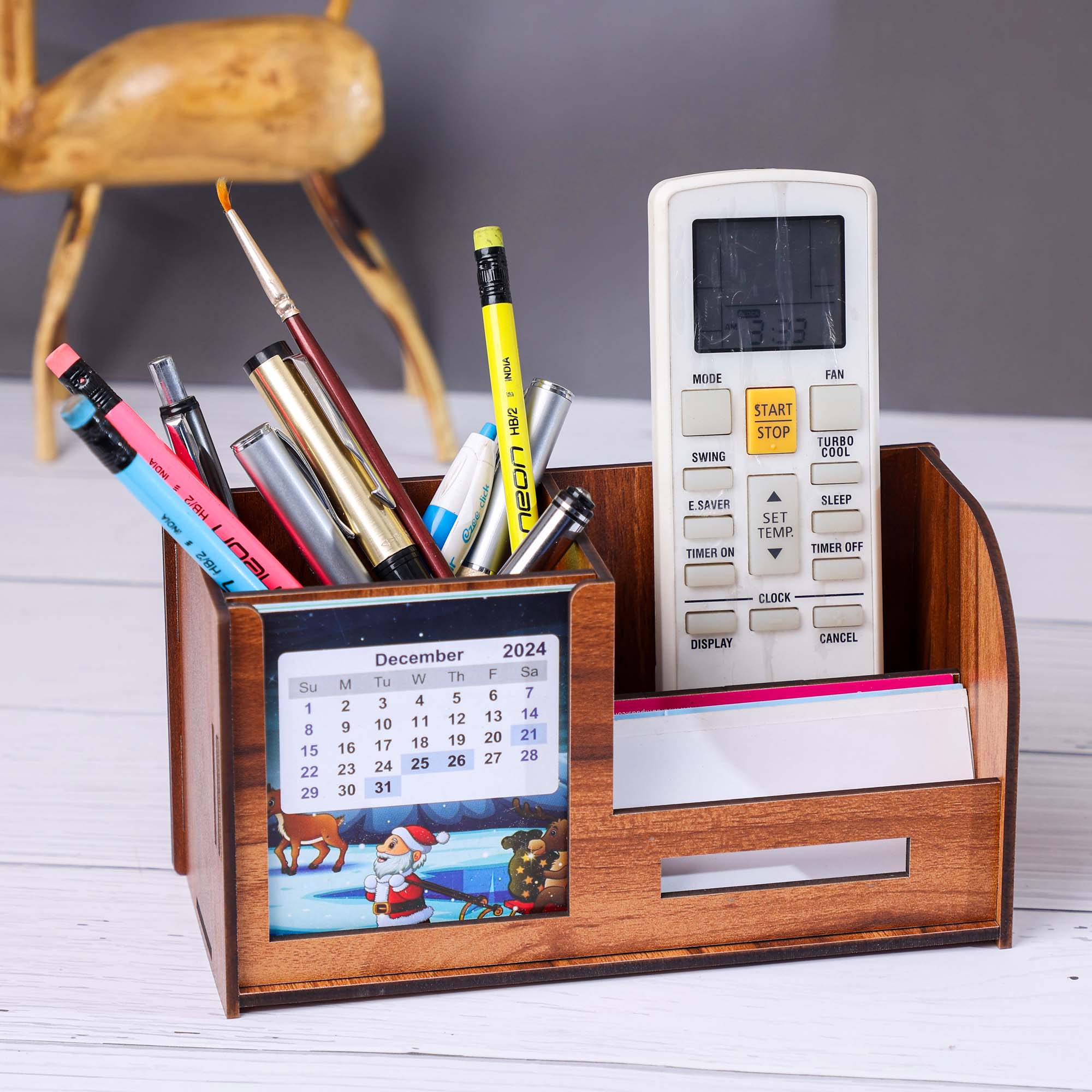 Niya Krafts 3 Compartments Wooden Pen Stand With Visiting  Card & Mobile Holder For Office Table Organizer Wooden Pen / Pencil Stand  With Visiting Card & Mobile Holder For Desk