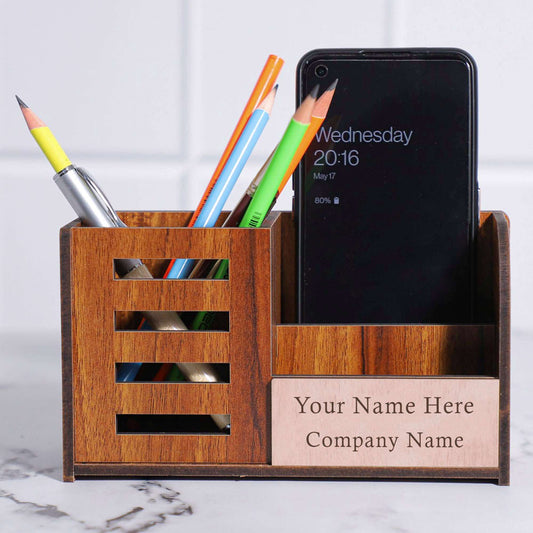 Customized Pen Stand with Business Visiting Card and Mobile Holder for Office Desk and Study Table