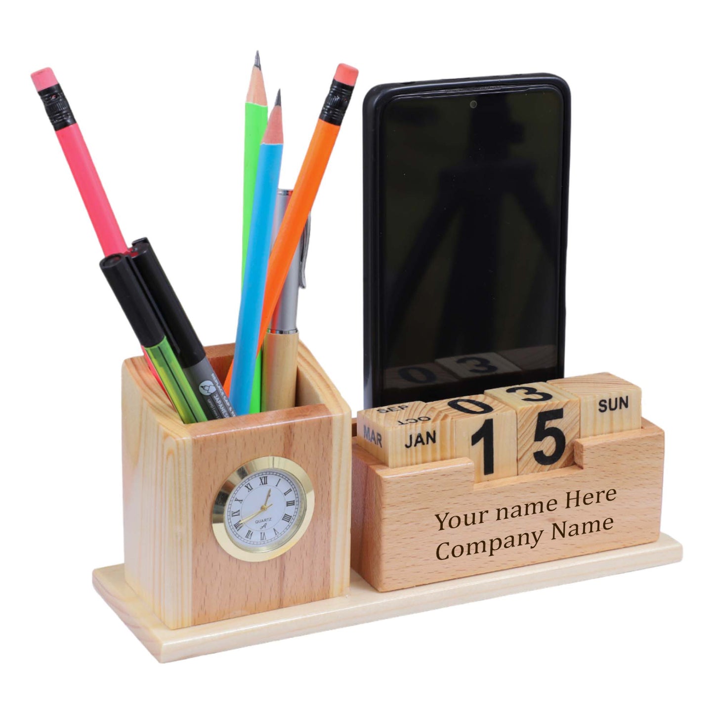 Personalized Wooden Pen Holder with Clock, Mobile Stand & Name Engraving