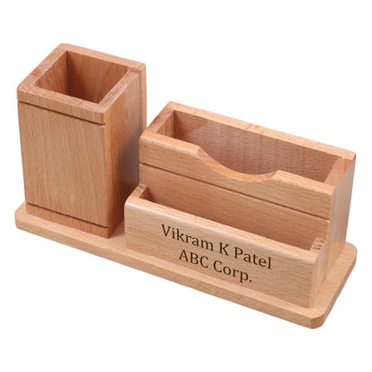 Personalized Wooden Pen Holder with Mobile & Card Stand | Custom Name Engraved Desk Organizer