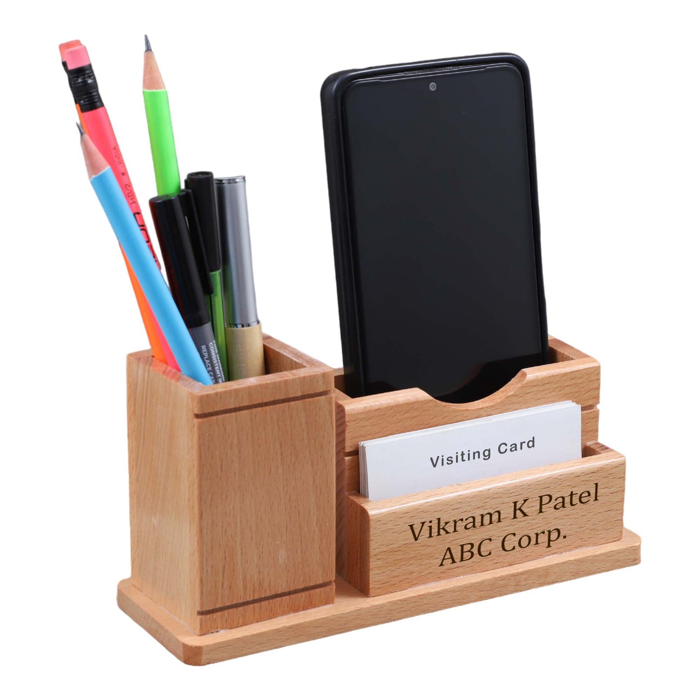 Personalized Wooden Pen Holder with Mobile & Card Stand | Custom Name Engraved Desk Organizer