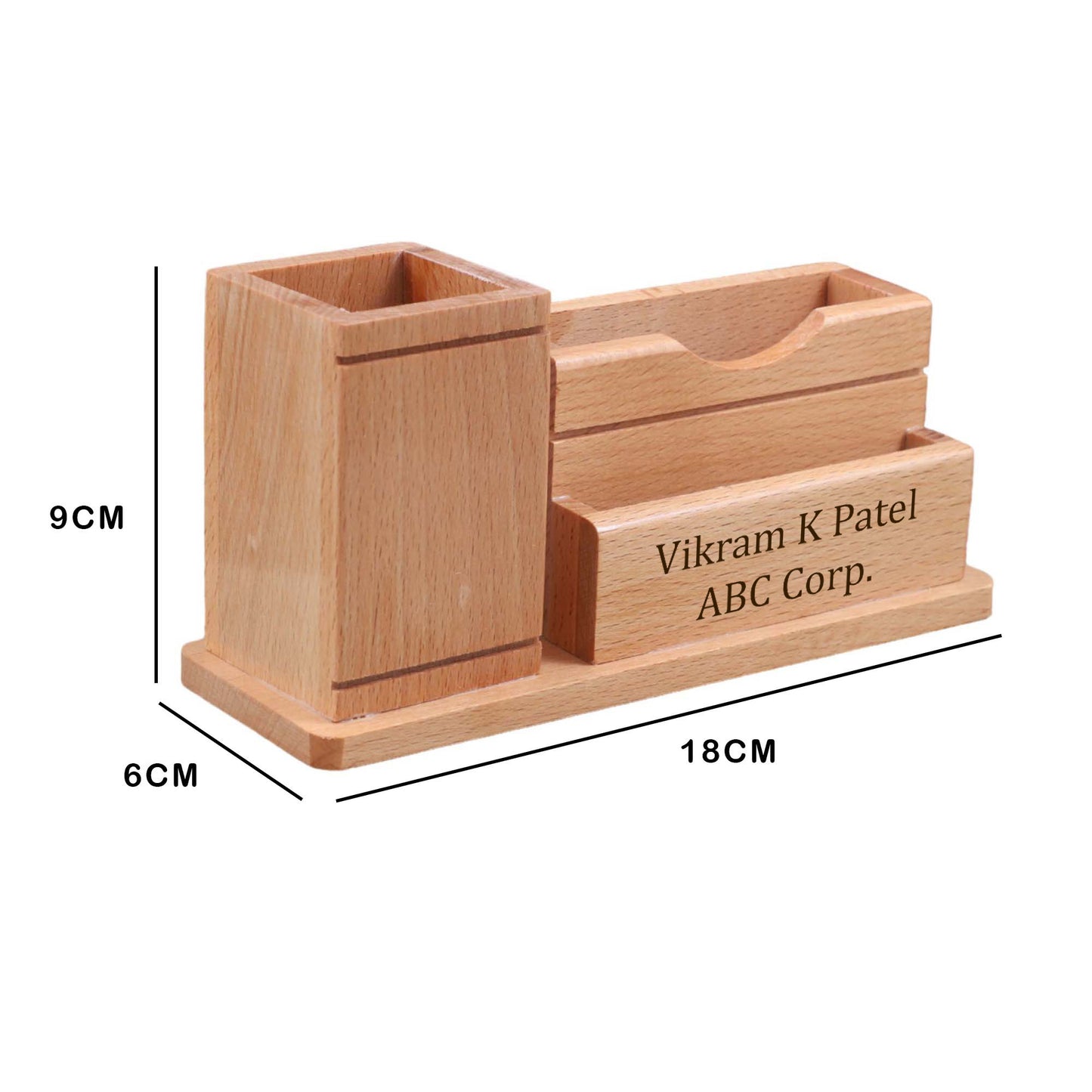 Personalized Wooden Pen Holder with Mobile & Card Stand | Custom Name Engraved Desk Organizer