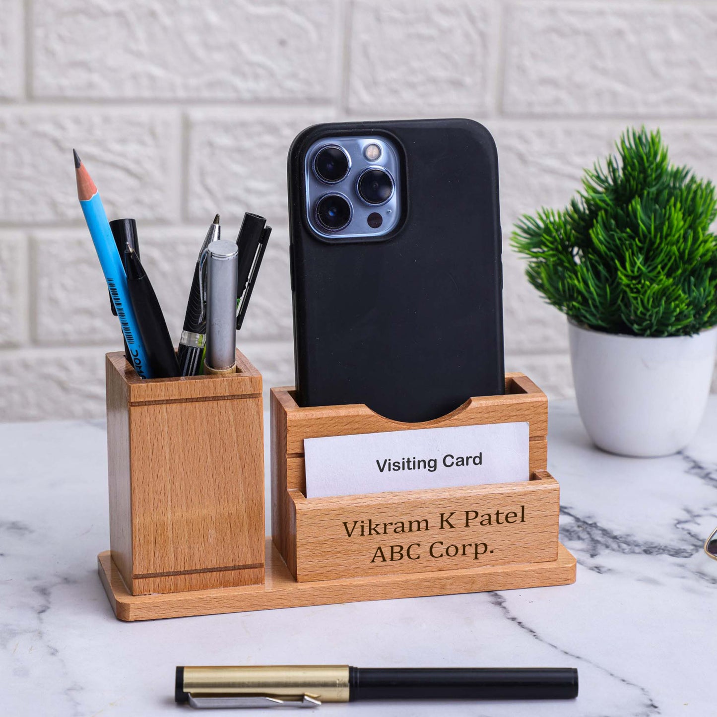 Personalized Wooden Pen Holder with Mobile & Card Stand | Custom Name Engraved Desk Organizer