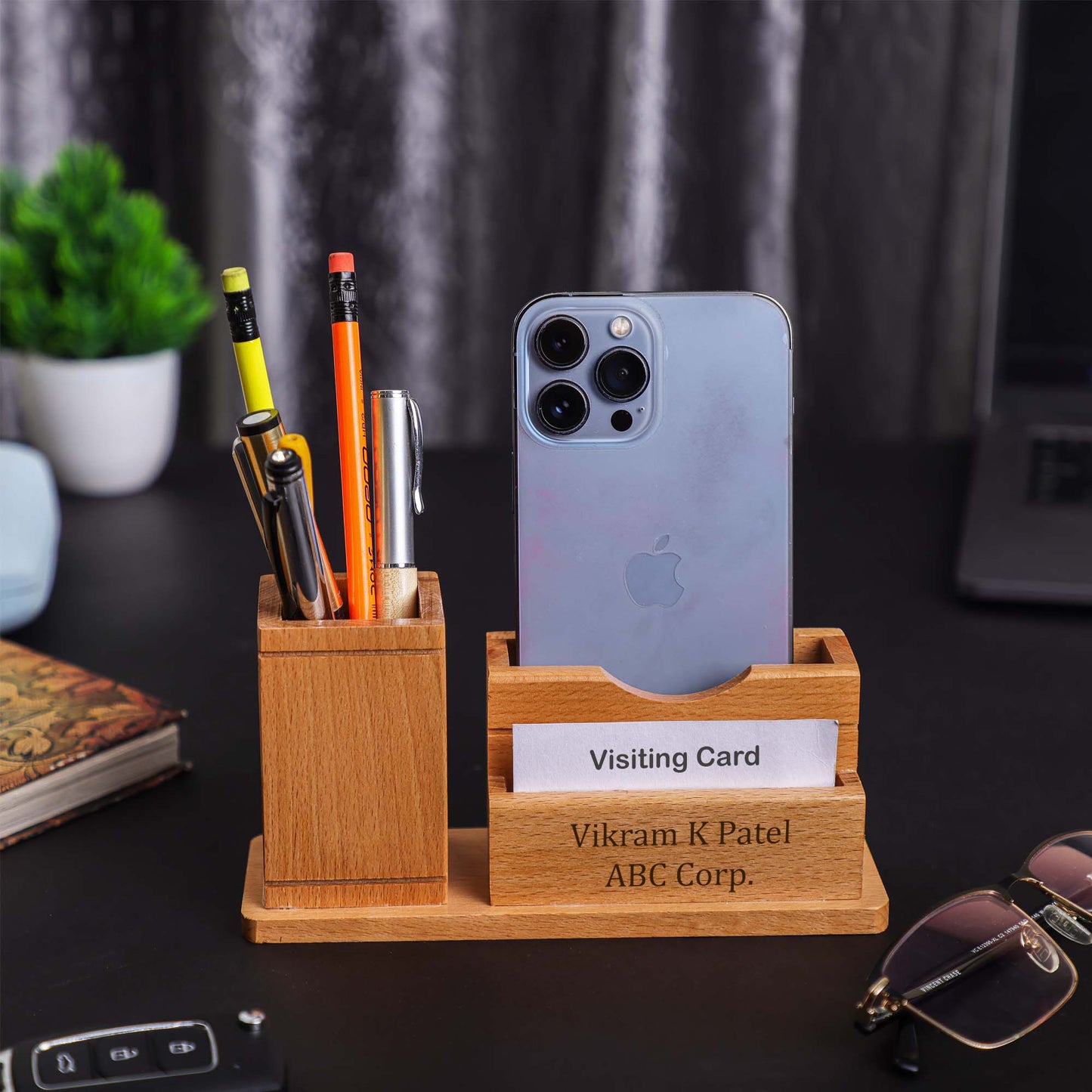 Personalized Wooden Pen Holder with Mobile & Card Stand | Custom Name Engraved Desk Organizer