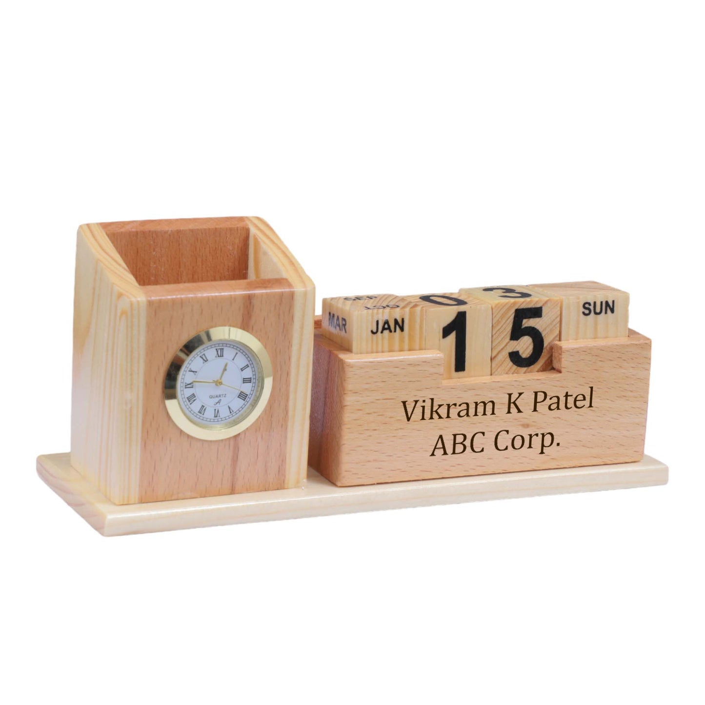 Personalized Wooden Pen Holder with Clock, Mobile Stand & Name Engraving