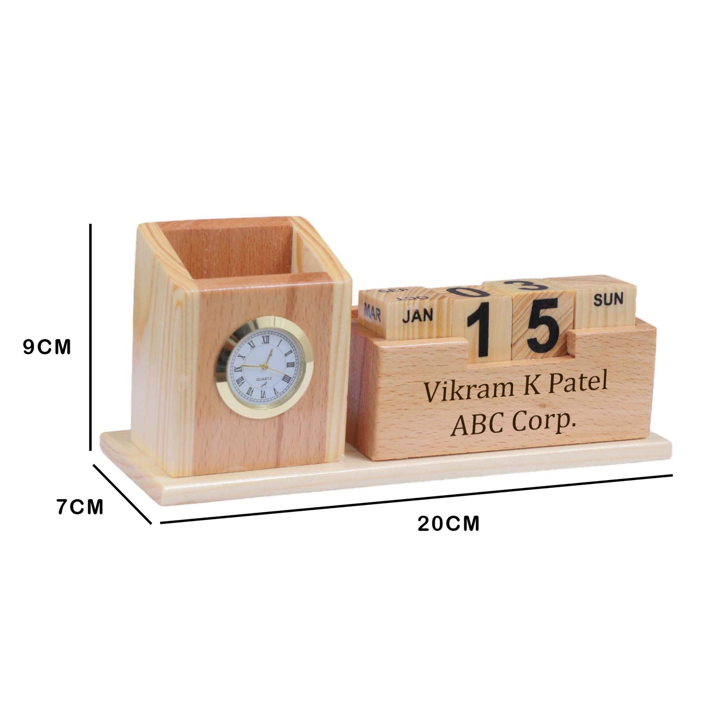 Personalized Wooden Pen Holder with Clock, Mobile Stand & Name Engraving