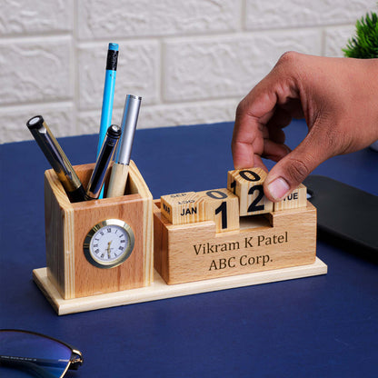 Personalized Wooden Pen Holder with Clock, Mobile Stand & Name Engraving