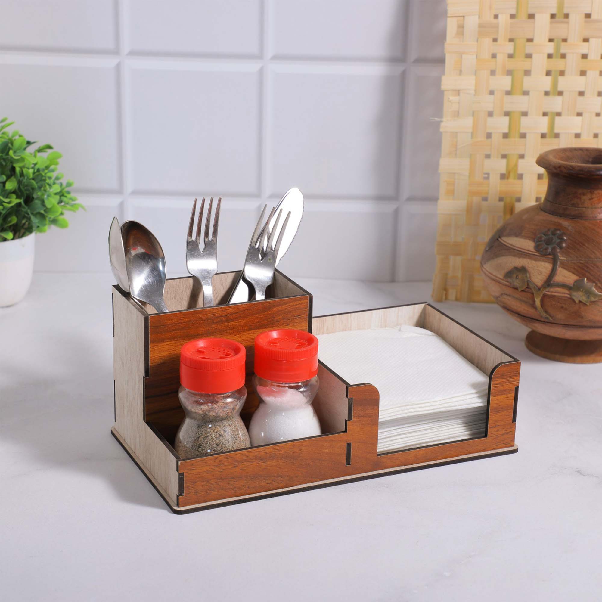 Kitchen Cutlery Holder with Spoon, Fork, Knife, Salt, Pepper and Tissue Paper Holder for Kitchen Dining Table, Resturant and Cafe