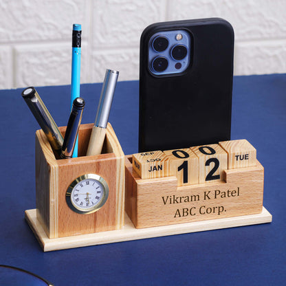 Personalized Wooden Pen Holder with Clock, Mobile Stand & Name Engraving