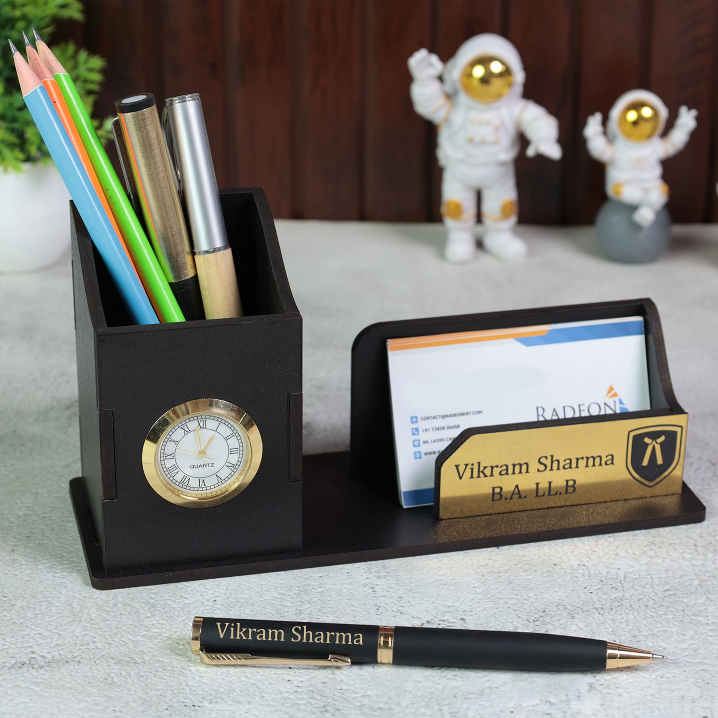 Personalized Pen Stand for Advocates with Clock & Card Holder | Custom Black Desk Organizer with Name Engraving