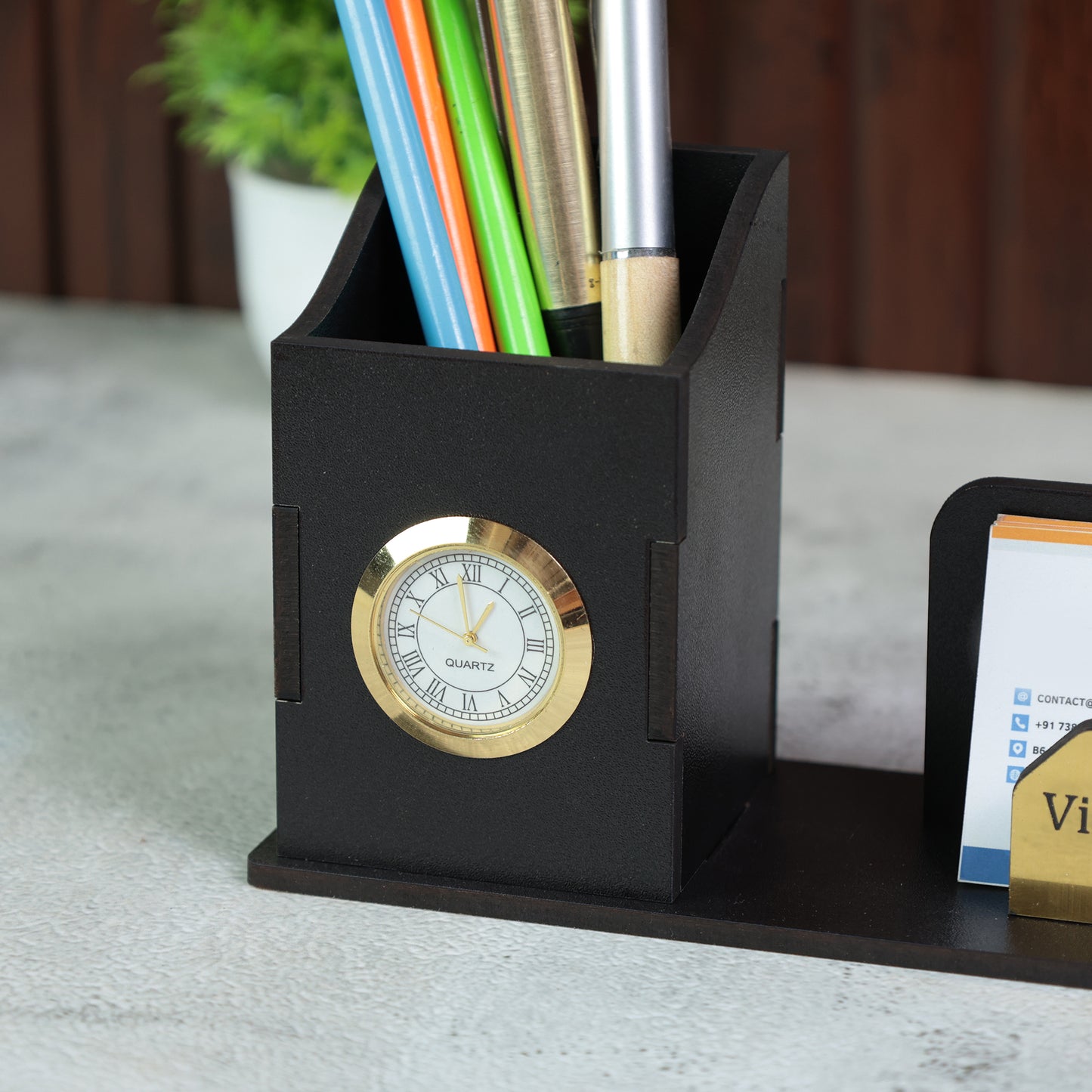 Personalized Pen Stand for Advocates with Clock & Card Holder | Custom Black Desk Organizer with Name Engraving