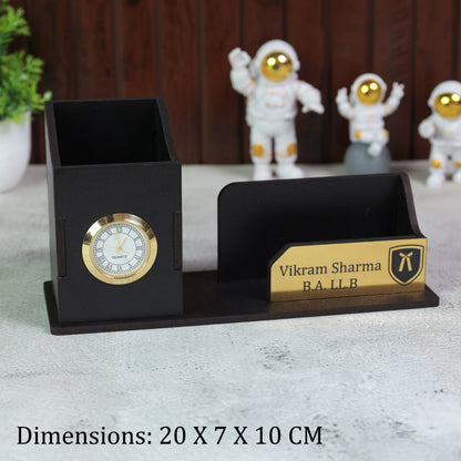 Personalized Pen Stand for Advocates with Clock & Card Holder | Custom Black Desk Organizer with Name Engraving