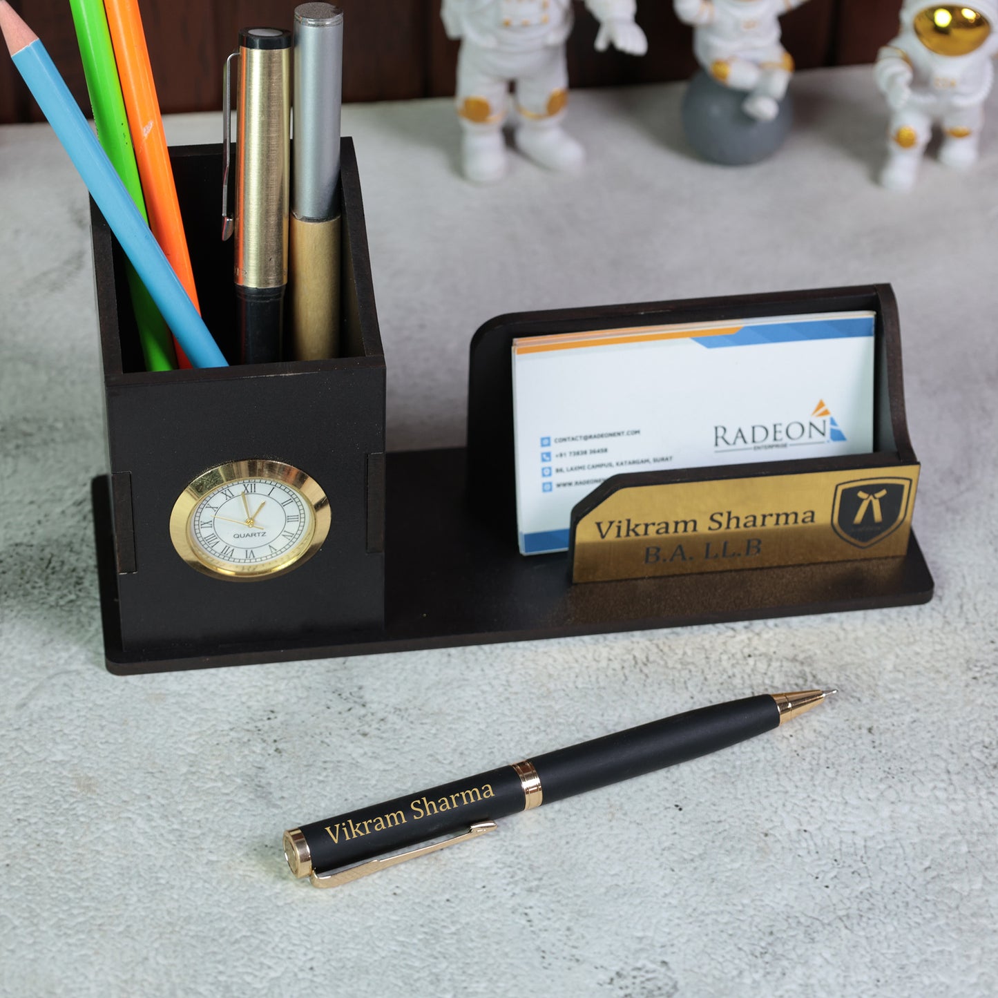 Personalized Pen Stand for Advocates with Clock & Card Holder | Custom Black Desk Organizer with Name Engraving