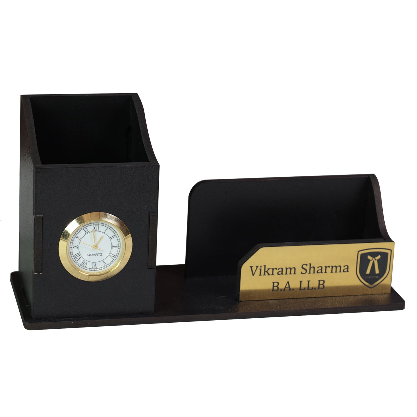 Personalized Pen Stand for Advocates with Clock & Card Holder | Custom Black Desk Organizer with Name Engraving