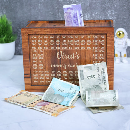 Personalized Wooden Savings Box - Custom Laser Engraved Money Box